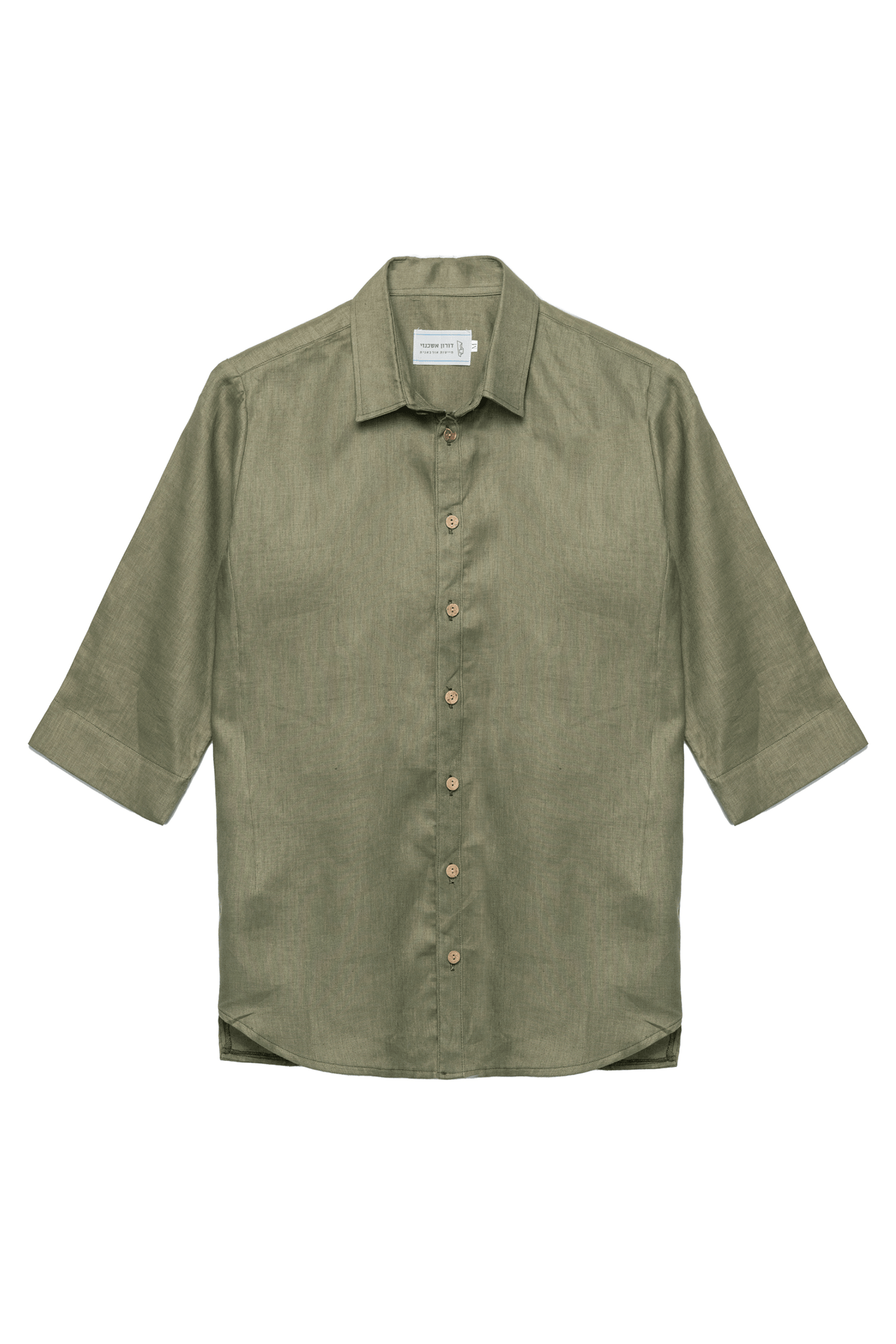 חולצה מכופתרת פשתן שרוול חצי - ירוק זית
