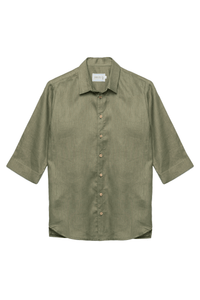 חולצה מכופתרת פשתן שרוול חצי - ירוק זית